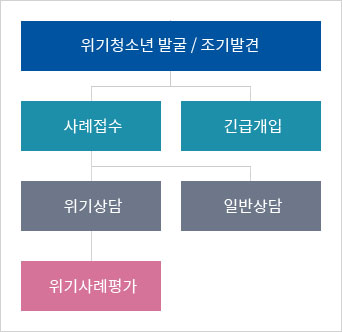 위기청소년 발굴 및 조기발견을 하게 되면 사례접수와 긴급개입을 하게 되고, 위기상담과 일반 상담으로 나뉘어지며, 위기상담일 땐 위기사례평가를 한다.